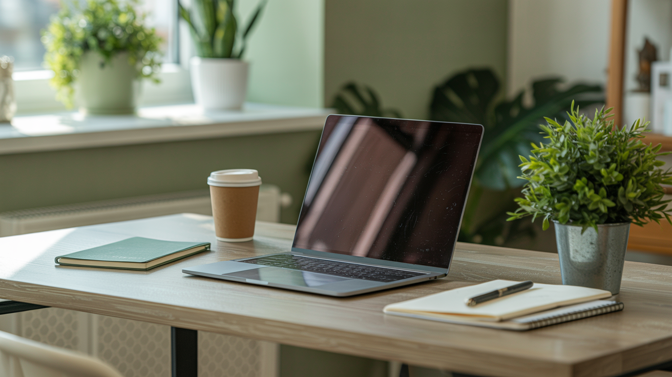 Professional creative workspace with laptop and plants